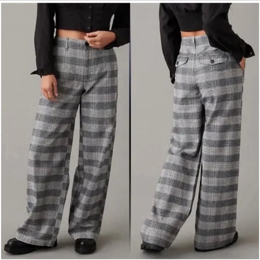 American Eagle Gray Plaid Wide-Leg Pants